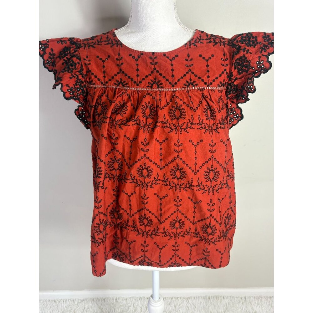 Crown & Ivy XL Red & Black Embroidered Flutter Sleeve Blouse